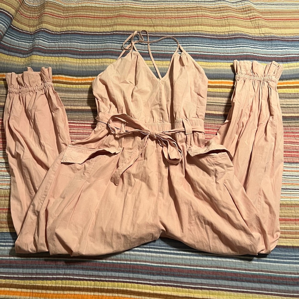 Mable Women Pink Rayon Wide Leg Cargo Jumpsuit Tie Waist Size L